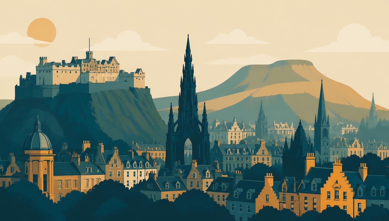 Illustration of the Edinburgh skyline with the castle, Scott Monument and Arthur's Seat